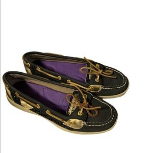 Sperry Angel fish Black and Gold glitter boat show